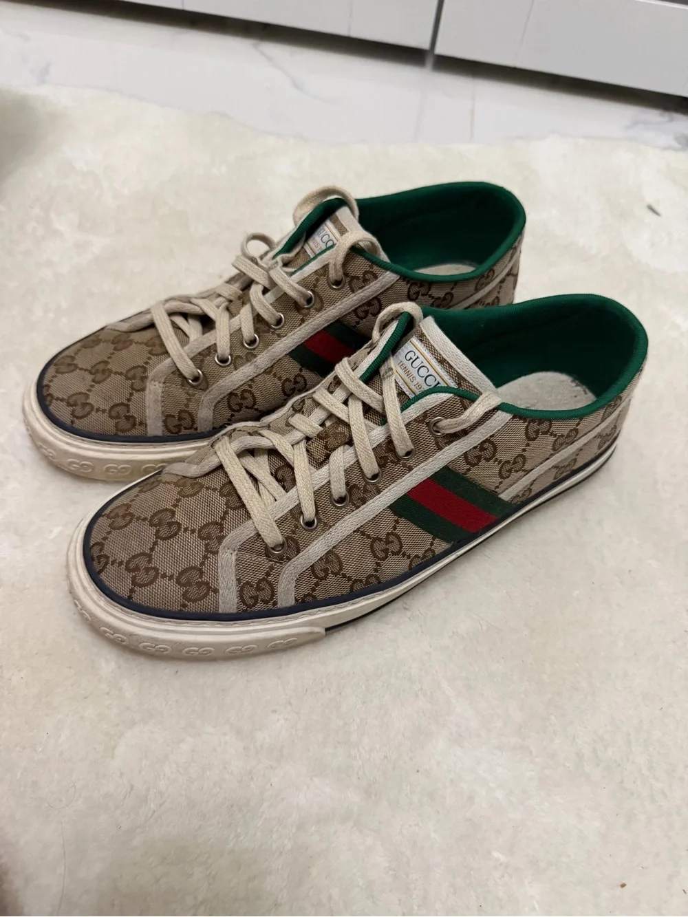 Gucci Beige Brown GG Canvas Sneakers with Green & Red Stripe